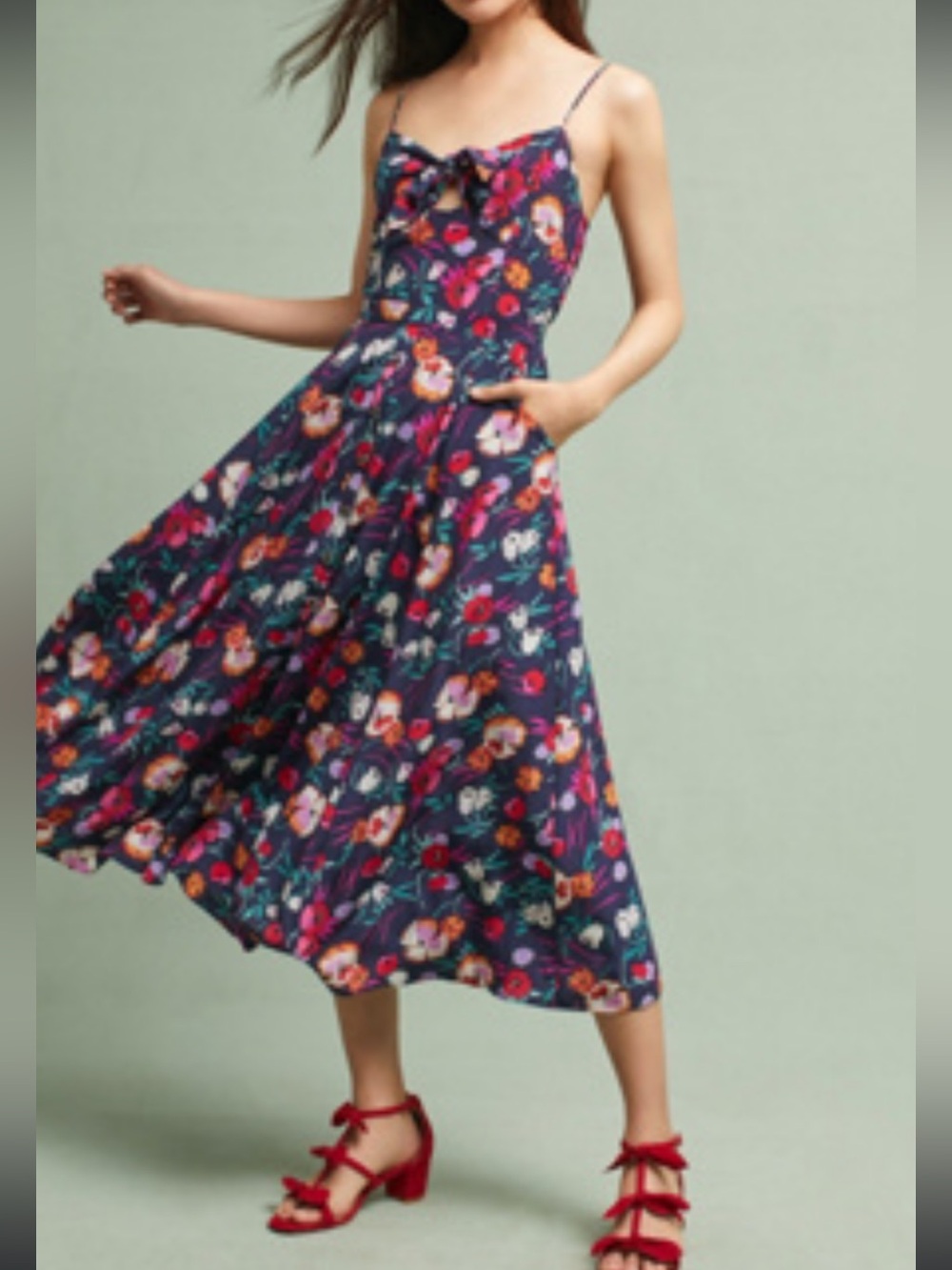 Yumi Kim Navy Floral Slip Dress with Pink & Red Blooms